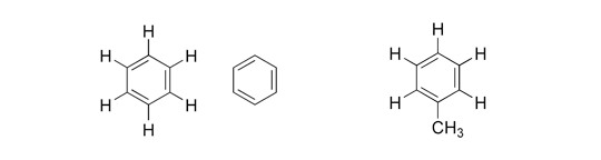 Figura 3: Fórmulas IUPAC do benzeno (C6H6) e do tolueno (C7H8).