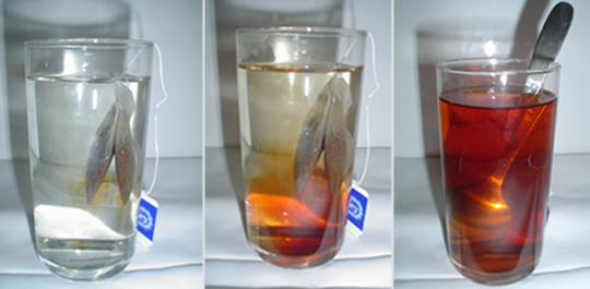 Fig. 11 Preparação de chá por infusão (extracção sólido/líquido seguido de difusão). O processo de transferência de massa é favorecido pela agitação da colher (convecção).