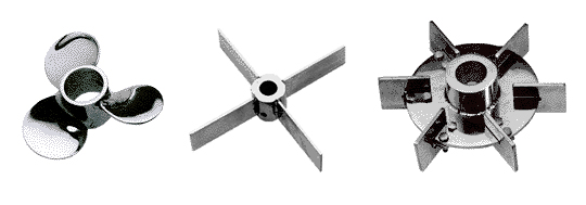 Principais tipos de agitadores para fluidos de baixa ou média viscosidade: (a) propeller; (b) paddle; (c) turbina de Rushton de 6 pás montadas 