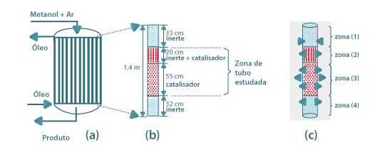 Representação esquemática: (a)- reactor multitubular industrial; (b) distribuição de catalisador nos tubos; (c)- sentido do fluxo de calor